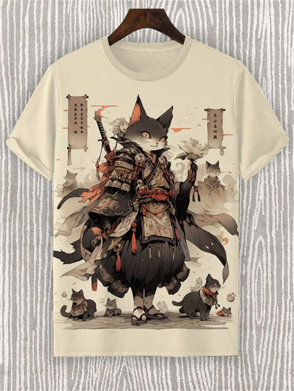 Japanese Style Samurai Cat Graphic T Shirt For Men Causal 3D Printed O Neck Short Sleeve Tees Outdoor Oversize Men Clothing Tops