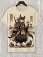 Japanese Style Samurai Cat Graphic T Shirt For Men Causal 3D Printed O Neck Short Sleeve Tees Outdoor Oversize Men Clothing Tops