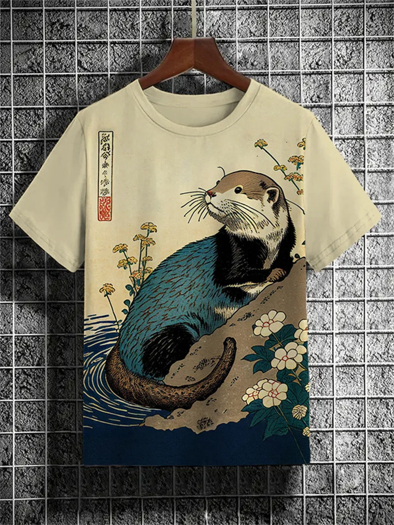 Japanese Style Samurai Cat Graphic T Shirt For Men Causal 3D Printed O Neck Short Sleeve Tees Outdoor Oversize Men Clothing Tops