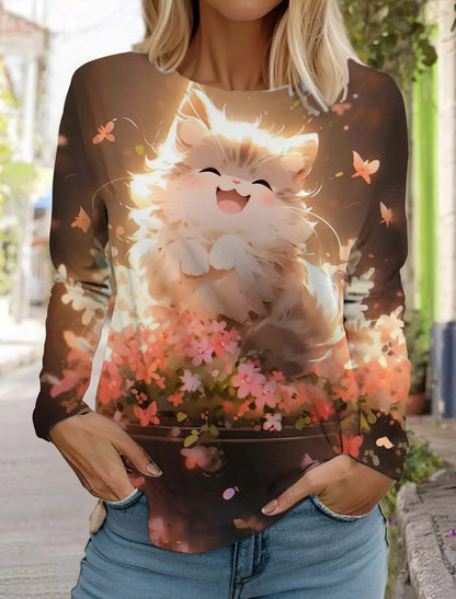 Women's Cute Cat Long Sleeves T-Shirt Round Neck Long Sleeved Autumn Animal Clothing Holiday Gift Clothing Fashion Party T-Shirt