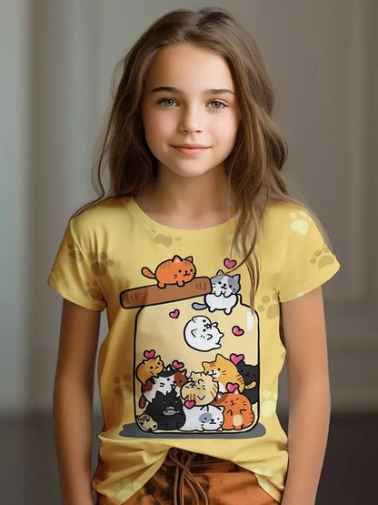 Kids Clothes Children's T-Shirt Girl Short Sleeve Top Cartoon Cat Kawaii Girls Summer Clothes Child T-Shirt  Children's Clothing