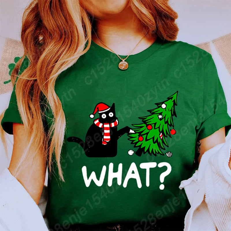 Christmas Black Cat Christmas Tree Print T-shirts Women Summer Short Sleeve Round Neck Loose T-Shirts Creative Personalized Tops