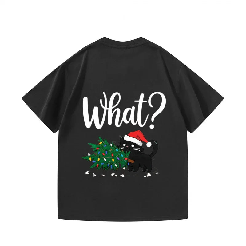 Men's T-Shirt Black Cat with Christmas Tree & What? Print Xmas Party Gift Idea Festive Season Top