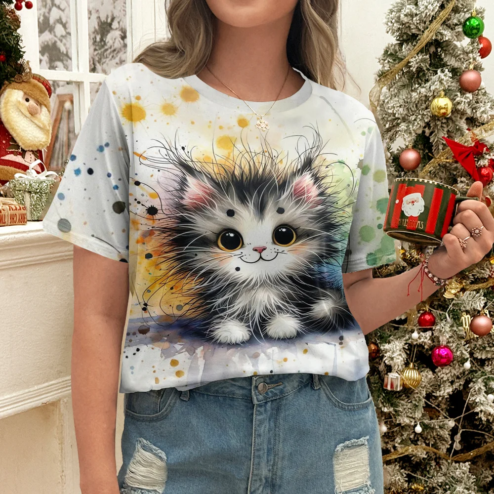Women's Cute Cat Printed Color T-shirt - Summer Casual Fashion Fit Art Round Neck Short Sleeve