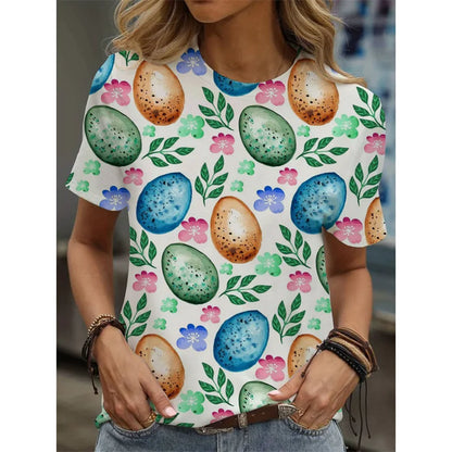 Cat Animal Pattern T-Shirt For Women Easter Egg 3D Printed T Shirts Summer Casual Oversized Tees Round Neck Tops Short Sleeves