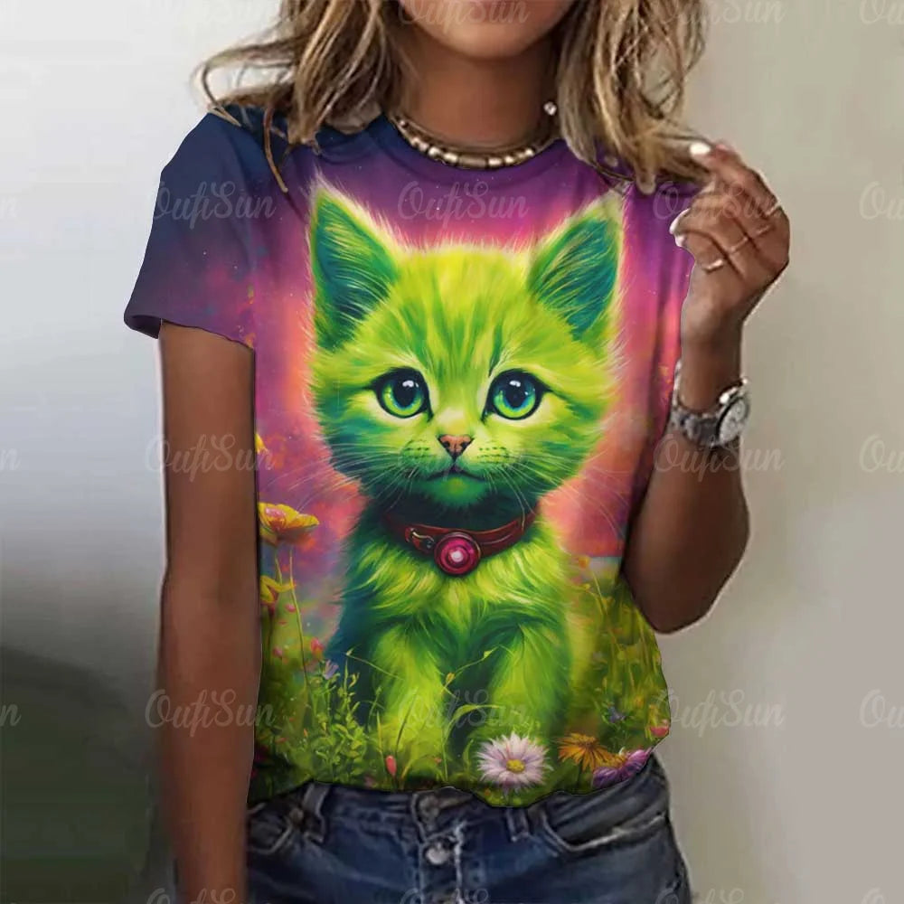Cute Cat Women's T-Shirt Summer Round Neck Short Sleeved Clothing Christmas Gift Pullover Tops Fashions Animal Casual T-Shirts