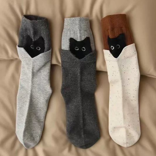 3 Pairs Kits Cat Cartoon Mid-Calf Socks Funny Hide-and-Seek Cute Warm Socks Cotton Women Home Sleep Stockings Black Gray