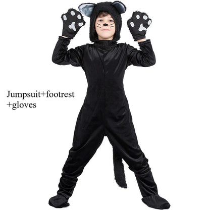 Children's Day Black Cat Cosplay Kids Costume Cute Kitten Animal Onesie Gloves Hat Suit Suitable for Stage Show Halloween Party