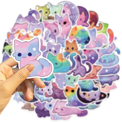 50Pcs Cute Aesthetic Cat Cartoon Rainbow Starry Sky Cat Stickers, Waterproof Stickers for Water Bottle, Laptop, Phone,