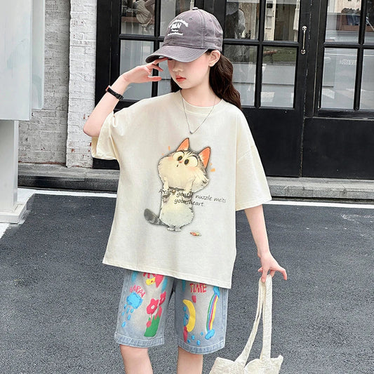Kids Summer Cartoon Cat Print Tracksuit for Teenage Girl 5 6 7 8 9 10 11 12 13 14 Years Old Child Casual Top Bottom Clothes Set