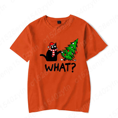 Christmas Black Cat Christmas Tree Print T-shirts Women Summer Short Sleeve Round Neck Loose T-Shirts Creative Personalized Tops