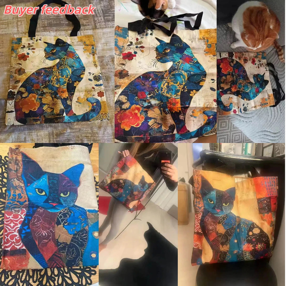 Cat Floral Design Handbag Retro Pattern Decorative Tote Bag Daily Casual Use Shoulder Bag, Large Capacity Practical Shopping Bag
