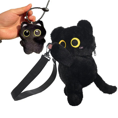 Cute Black Cat Plush Backpack Crossbody Bag Kawaii Fluffy Kitten Key Pendant Stuffed Animal Shoulder Bag Girl Gift Car Key Ring