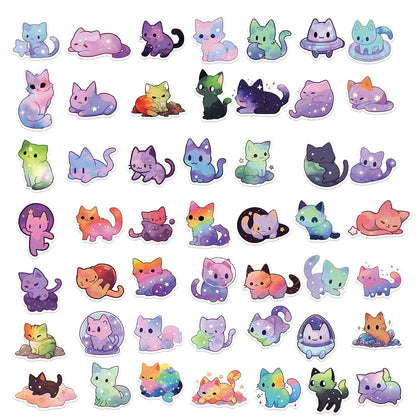 50Pcs Cute Aesthetic Cat Cartoon Rainbow Starry Sky Cat Stickers, Waterproof Stickers for Water Bottle, Laptop, Phone,