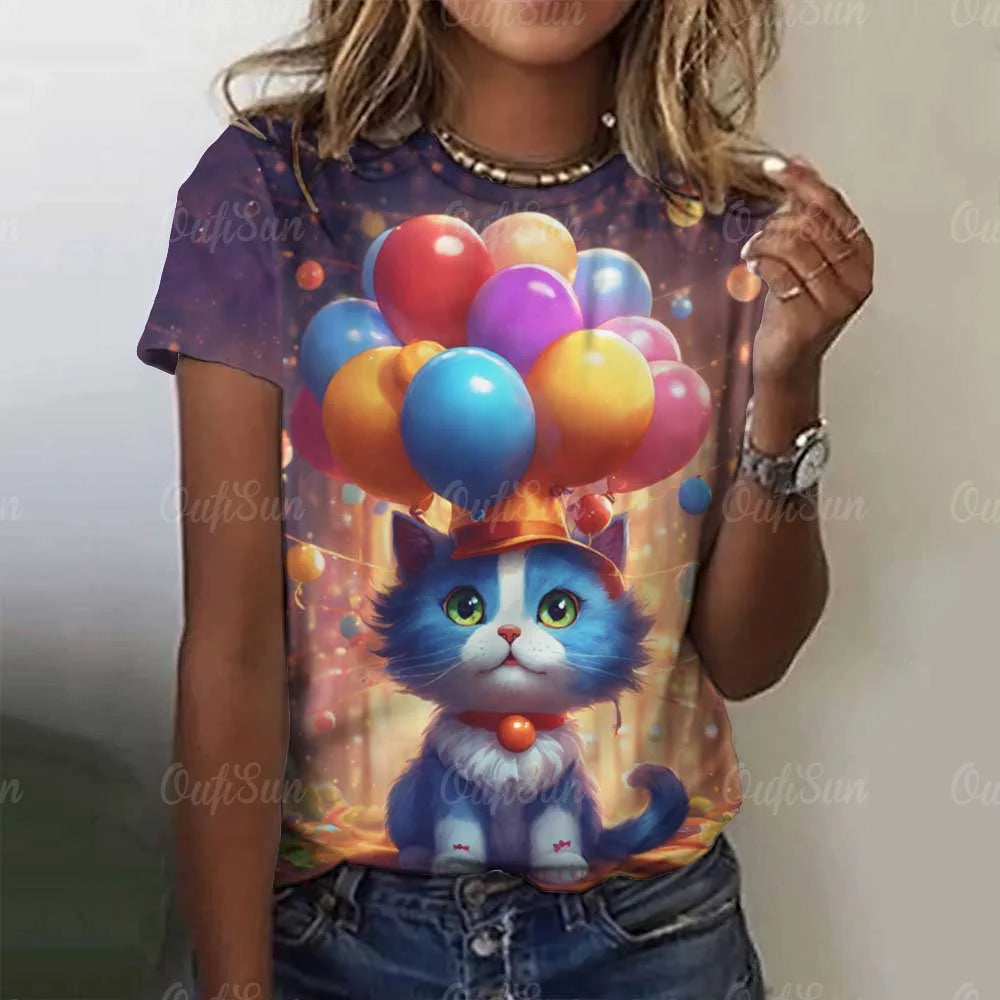 Cute Cat Women's T-Shirt Summer Round Neck Short Sleeved Clothing Christmas Gift Pullover Tops Fashions Animal Casual T-Shirts