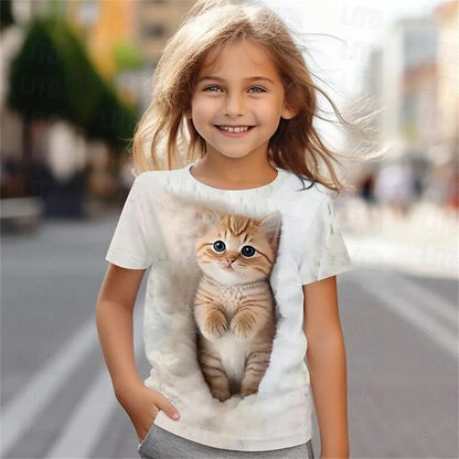 Cute cat 3D printed fun children's clothing baby girl T-shirt summer casual short sleeved cool girl T-shirt lightweight breathab