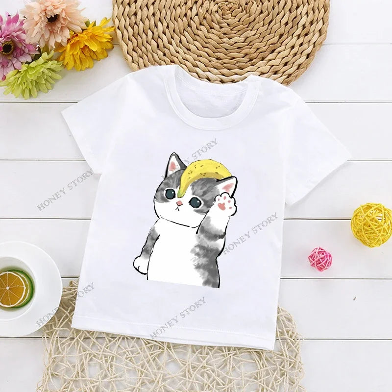 Cats Kids T Shirt Personalized Cartoon Cat Print Fashion Children's T-shirt Short Sleeve Children's Summer Boys Clothes Tops Tee