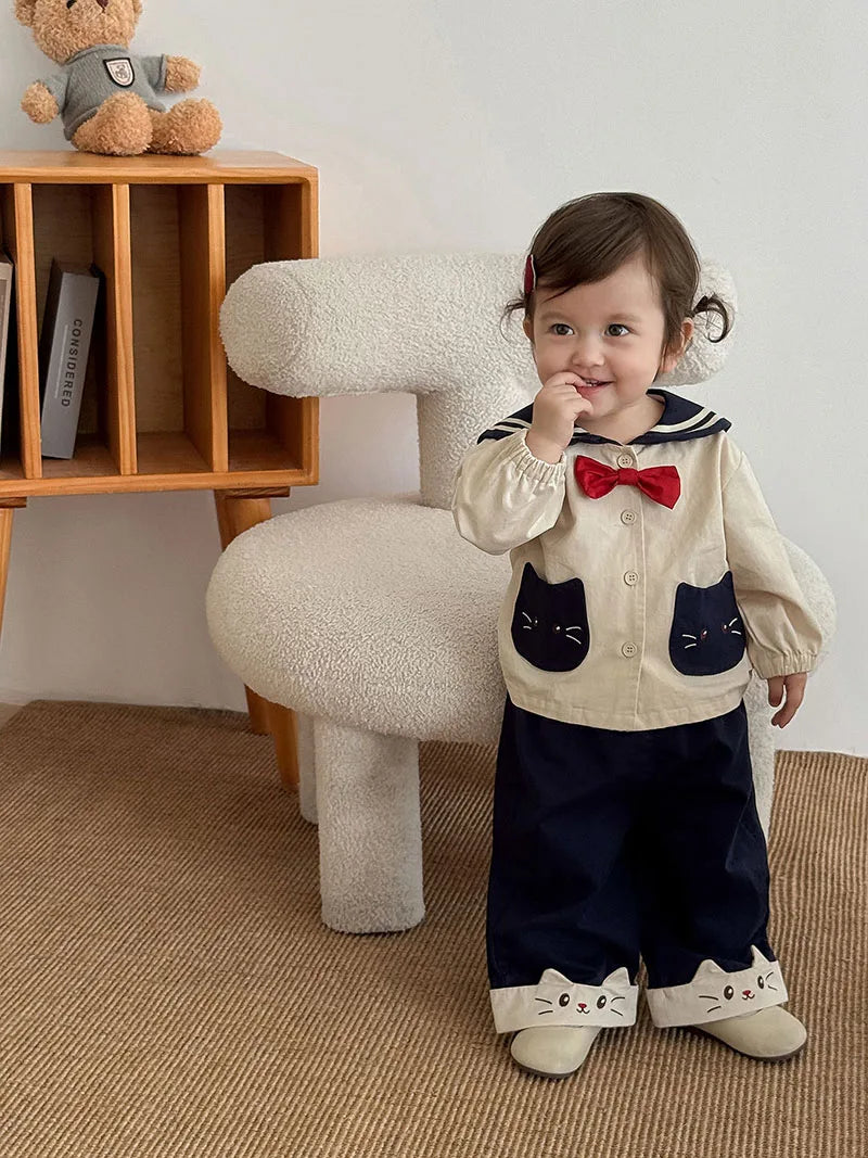 MILANCEL New Autumn Kids Clothes 9M-5T Sweet Cartoon Cat Girls Navy Style Coat +Wide Leg Pants Loose Korean Children Outfit 2PCS