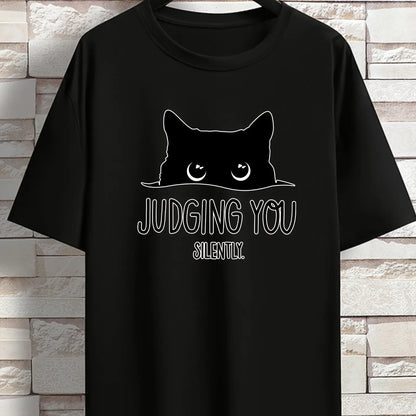 JUDGING YOU SILENTLY' Cat Print Loose T-shirt, Women Short Sleeve Crew Neck Tops, Casual Clothing for Spring Summer