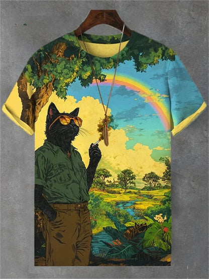 Cat Pattern Men T-Shirt 3D Print Funny Animal Short Sleeve T-Shirt Oversized Top Loose and Comfortable Halloween Atmosphere