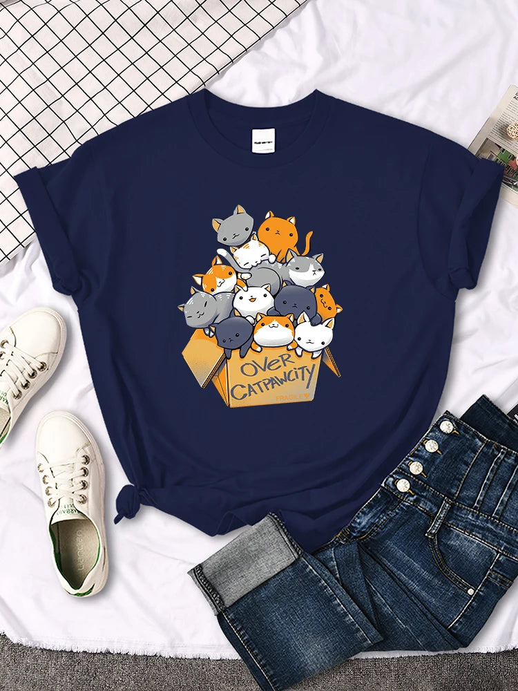 Womany Cats Gathered In The Printing Woman Tshirt Leisure Creativity T Shirt Summer Newtop Crewneck Breathable Woman T Shirts
