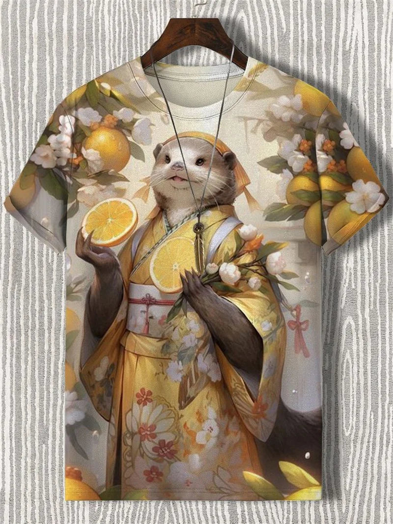 Japanese Style Samurai Cat Graphic T Shirt For Men Causal 3D Printed O Neck Short Sleeve Tees Outdoor Oversize Men Clothing Tops