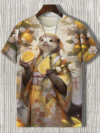 Japanese Style Samurai Cat Graphic T Shirt For Men Causal 3D Printed O Neck Short Sleeve Tees Outdoor Oversize Men Clothing Tops