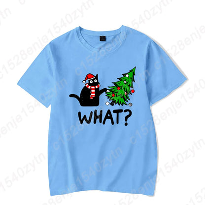 Christmas Black Cat Christmas Tree Print T-shirts Women Summer Short Sleeve Round Neck Loose T-Shirts Creative Personalized Tops