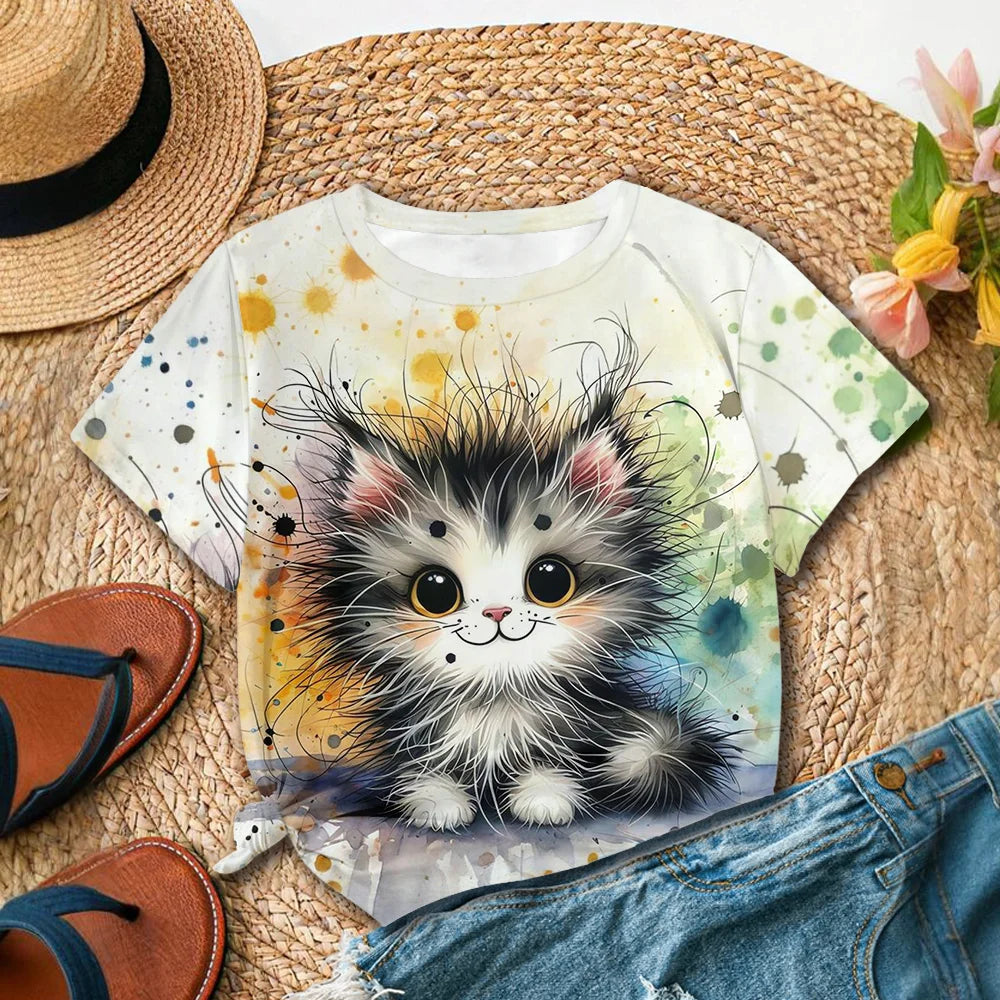 Women's Cute Cat Printed Color T-shirt - Summer Casual Fashion Fit Art Round Neck Short Sleeve