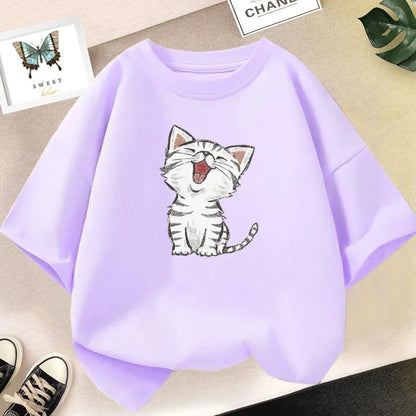 Kids Lovely Cat Pet Animal T Shirt Fashion Summer Girls Cute Casual Top Short Sleeve Tshirts Children Cartoon Graphic Tee