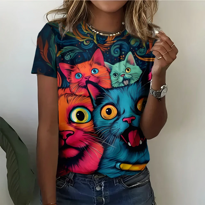 Summer personalized cute cat pattern daily casual versatile women's short sleeved T-shirt