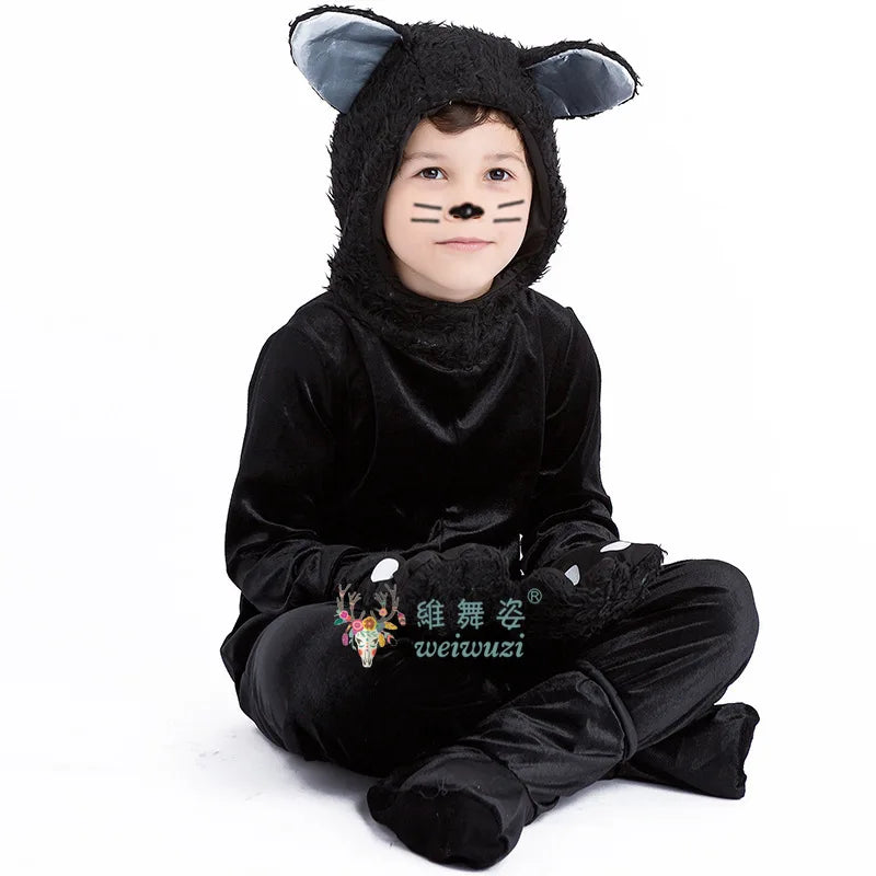 Children's Day Black Cat Cosplay Kids Costume Cute Kitten Animal Onesie Gloves Hat Suit Suitable for Stage Show Halloween Party