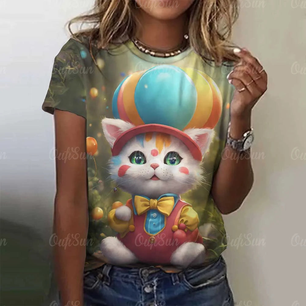 Cute Cat Women's T-Shirt Summer Round Neck Short Sleeved Clothing Christmas Gift Pullover Tops Fashions Animal Casual T-Shirts