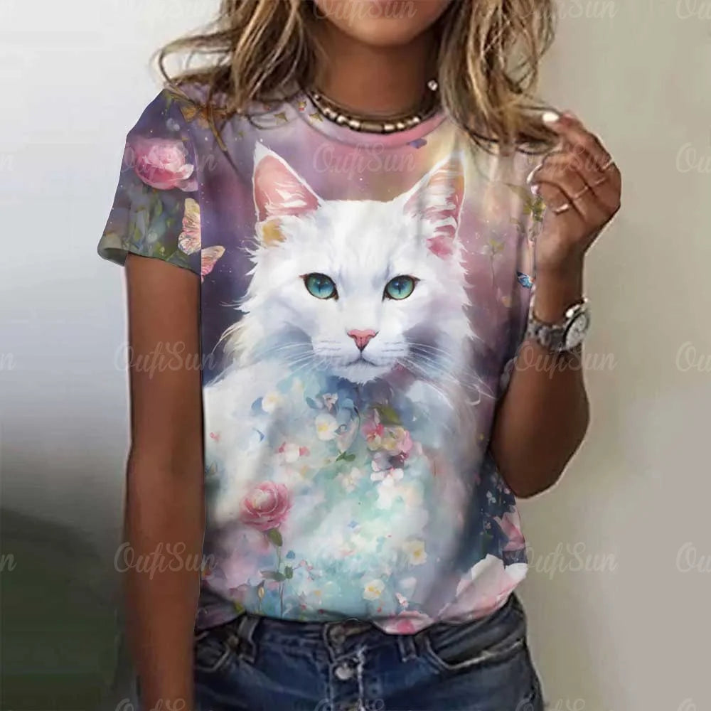 Cute Cat Women's T-Shirt Summer Round Neck Short Sleeved Clothing Christmas Gift Pullover Tops Fashions Animal Casual T-Shirts