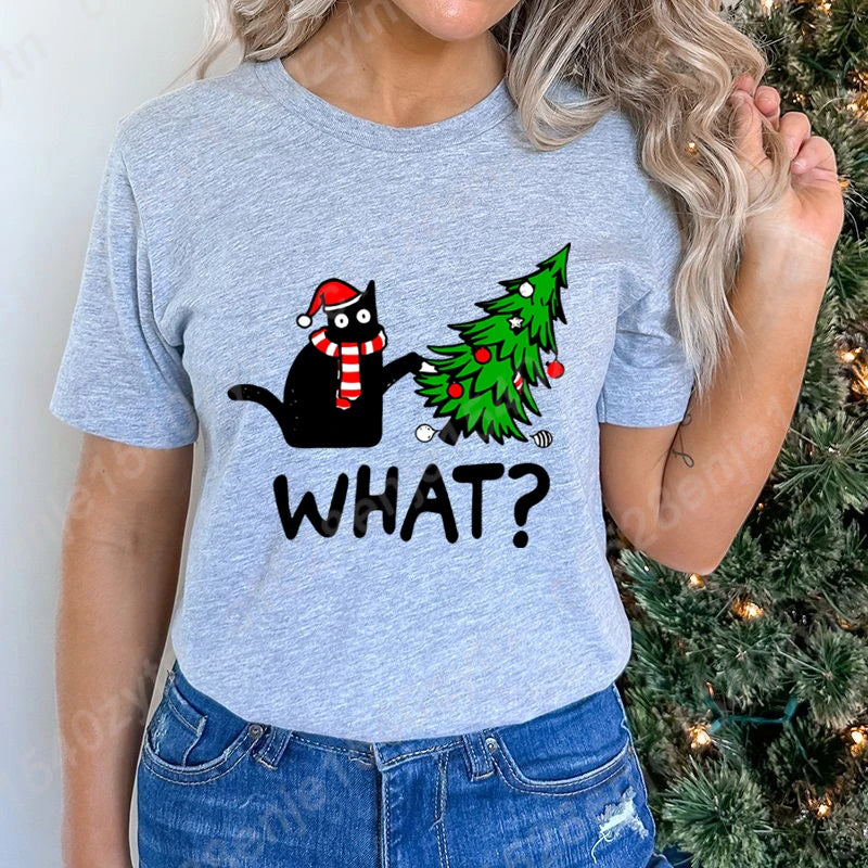 Christmas Black Cat Christmas Tree Print T-shirts Women Summer Short Sleeve Round Neck Loose T-Shirts Creative Personalized Tops