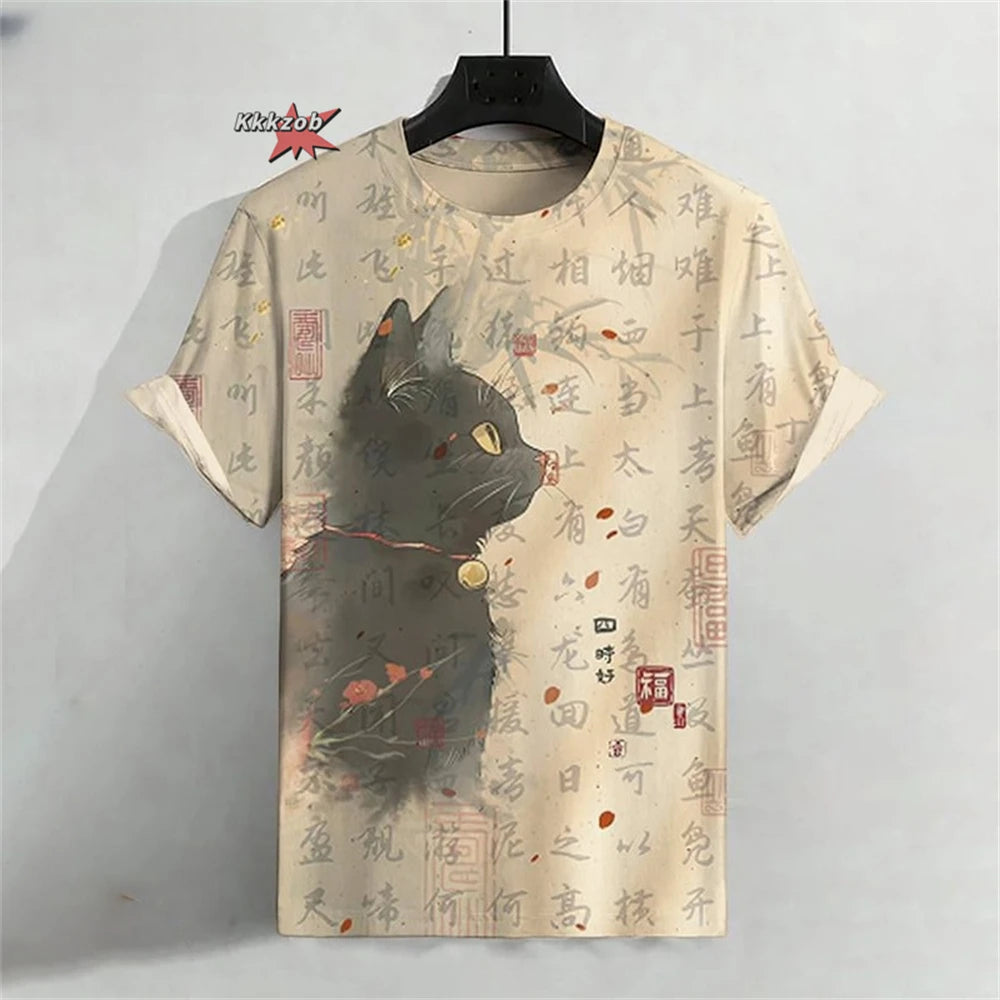 Japanese Ukiyo-E Cute Cat Pattern Round Neck Men's Short Sleeved Daily Oversized T-Shirt Harajuku Y2k T-Shirt T-Shirt Men Top
