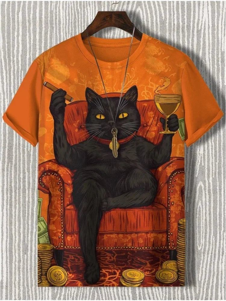 Men's Funny Animal Printed T-Shirt Summer Short Sleeved Tees Tops Fashion Cat 3D Print Crew Neck Casual Oversized Men's Clothing