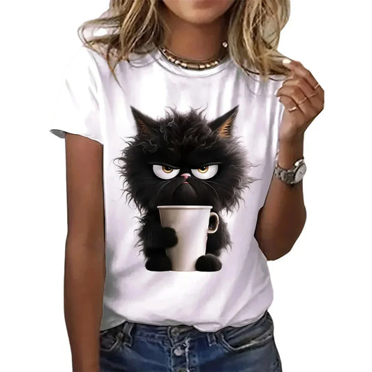 Funny Cat Women Summer White Print T-shirt Girl Casual Harajuku Short Sleeve O Neck Top for Summer Female Animal Clothing Tees