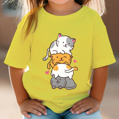 Cute Cat Graphic Kids Tshirts Summer Short Sleeve Tees Cartoon Animal Boys Girls Clothes Kawaii Kitten Tops Y2K Children T-shirt