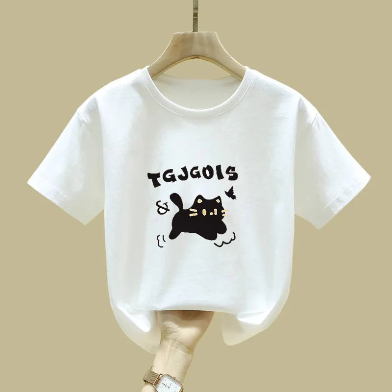 Cute Cat Design Childrens Short Sleeve T Shirt Summer Fashion Top for Girls Kids Clothes