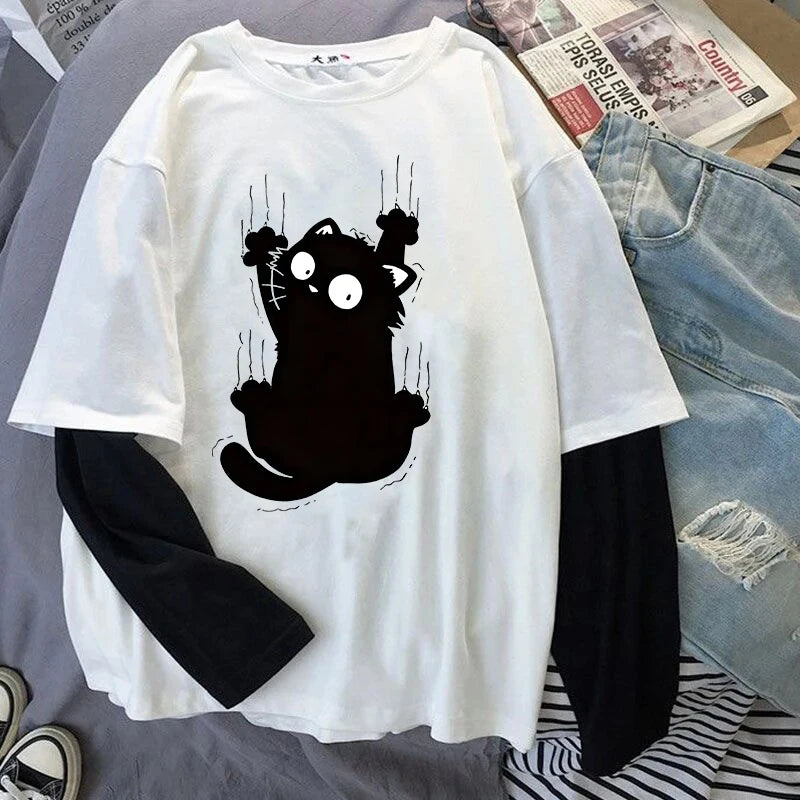 Fashion Breathable Loose Casual Round-Neck WomenT-shirt Creative Cat Pattern Printing Top Harajuku Aesthetics Vintage Gothic Tee
