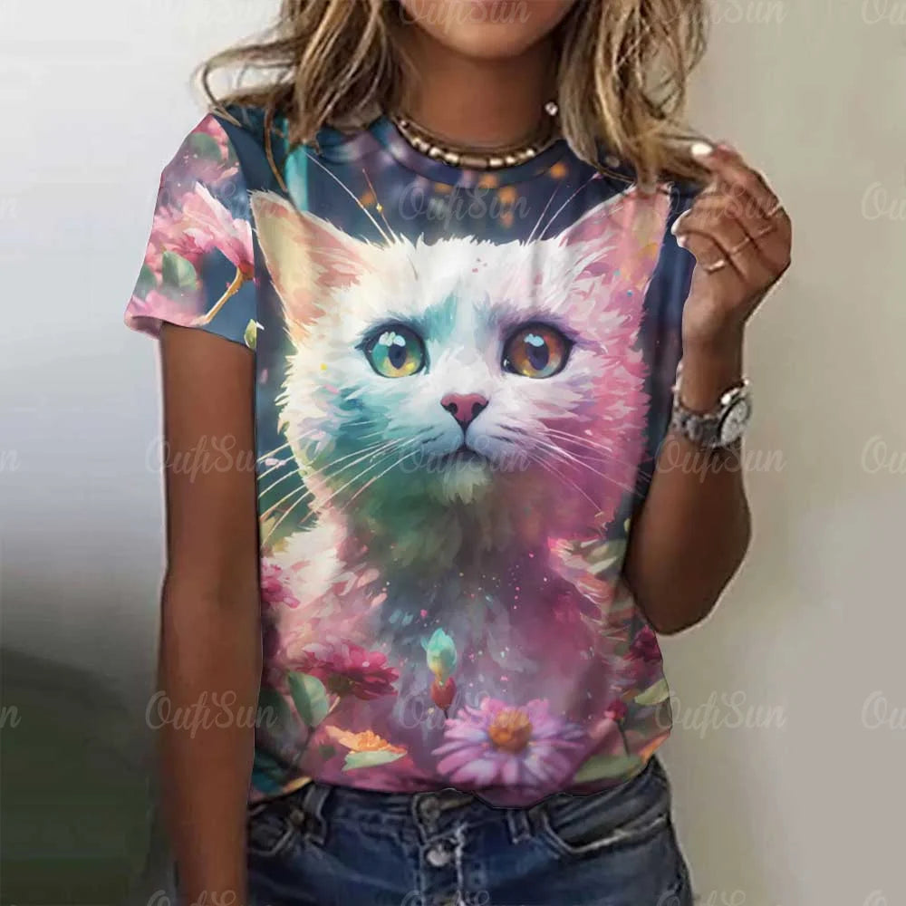 Cute Cat Women's T-Shirt Summer Round Neck Short Sleeved Clothing Christmas Gift Pullover Tops Fashions Animal Casual T-Shirts