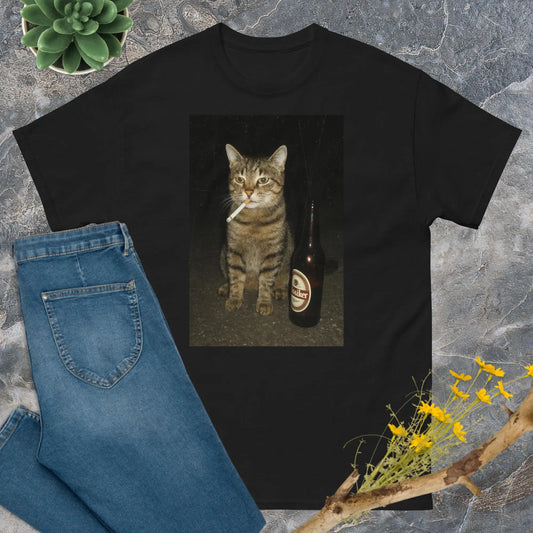 Fun Cat Print Men T-shirt Outdoor Street Casual Funny Personality Versatile Fashionable Trendy Pure Cotton Short-sleeve Clothing