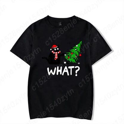 Christmas Black Cat Christmas Tree Print T-shirts Women Summer Short Sleeve Round Neck Loose T-Shirts Creative Personalized Tops