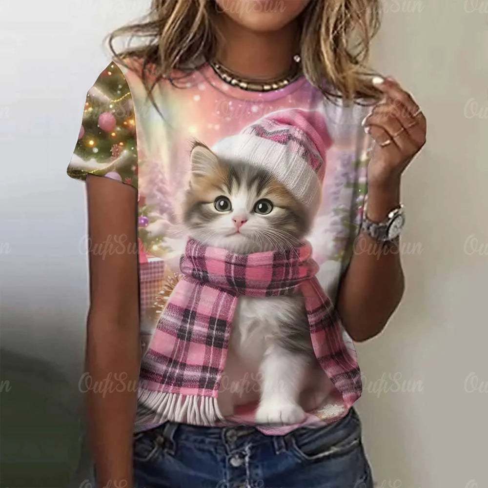 Cute Cat Women's T-Shirt Summer Round Neck Short Sleeved Clothing Christmas Gift Pullover Tops Fashions Animal Casual T-Shirts
