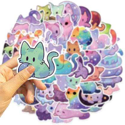 50Pcs Cute Aesthetic Cat Cartoon Rainbow Starry Sky Cat Stickers, Waterproof Stickers for Water Bottle, Laptop, Phone,