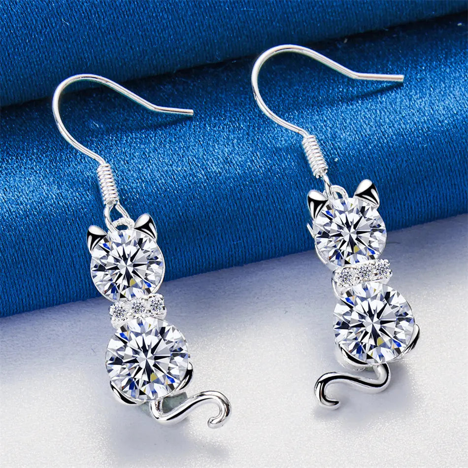 1 pair of 925 sterling silver exquisite cat zircon pendant earrings, women's fashion accessories gift, engagement jewelry