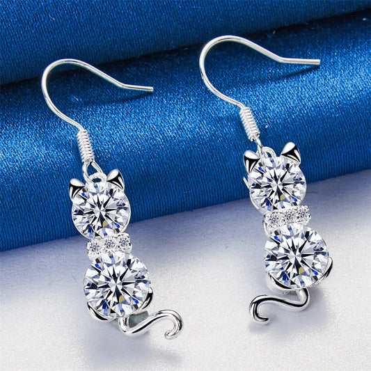1 pair of 925 sterling silver exquisite cat zircon pendant earrings, women's fashion accessories gift, engagement jewelry