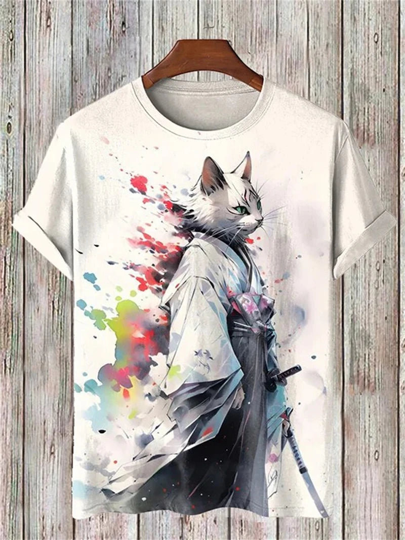 Japanese Ukiyo-e Cats Graphic T Shirts For Men Fashion Trend Short Sleeve 3D Printed Kids T-shirt Casual Oversized Harajuku Tees