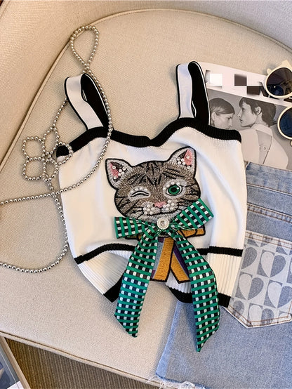 2026 Femali Cat Embroidered Knitted Cami Top Women Y2K Sleeveless Crop Top For Spring & Summer Women's Clothing